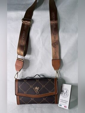 Valentino Orlandi Brown and Tan Logo Crossbody with Branded Strap